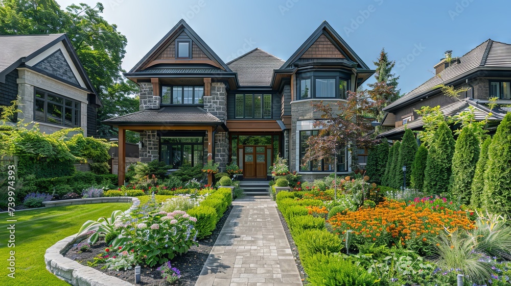 Obraz premium Exterior of a newly-built luxury home with lush green grass and a walkway leading to an ornately designed covered porch.