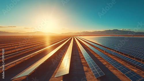 Expansive Solar Farm Against a Mountainous Backdrop at Sunset