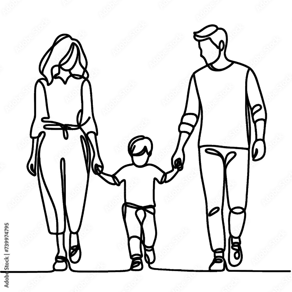 couple walking with their son isolated on white background