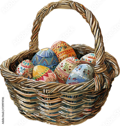 Happy Easter watercolor basket with watercolor eggs. Hand drawn vectorized, eps10.