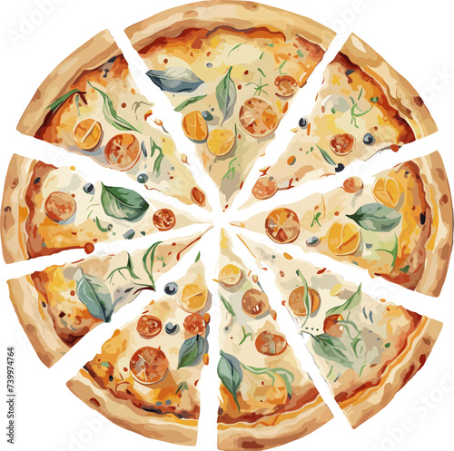 Watercolor pizza white background. Flat location, top view of Italian fast food. AI generated illustration.