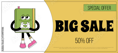 World book day banner. Funky character book with psychedelic smile. Retro mascot style. Bookstore big sale, special offer, coupon. Vector illustration