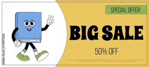 World book day banner. Funky character book with psychedelic smile. Retro mascot style. Bookstore big sale, special offer, coupon. Vector illustration