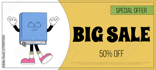 World book day banner. Funky character book with psychedelic smile. Retro mascot style. Bookstore big sale, special offer, coupon. Vector illustration