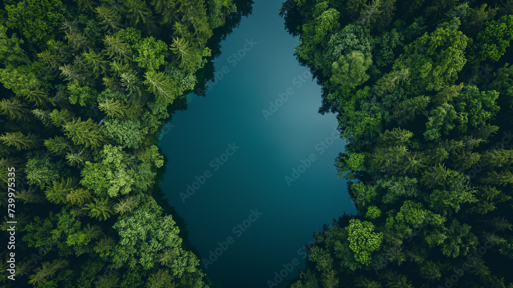 Aerial View of a Forest and Serene Lake