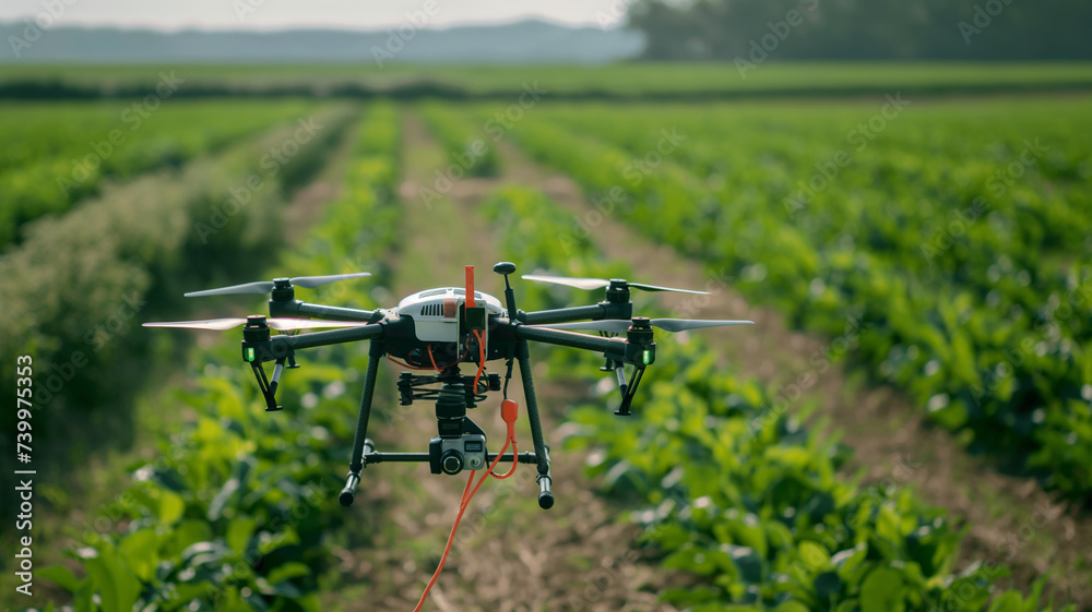 Agricultural Drone Flying Over Lush Farm Field Agricultural Drone Flying Over Lush Farm Field