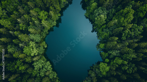 Aerial View of a Forest and Serene Lake