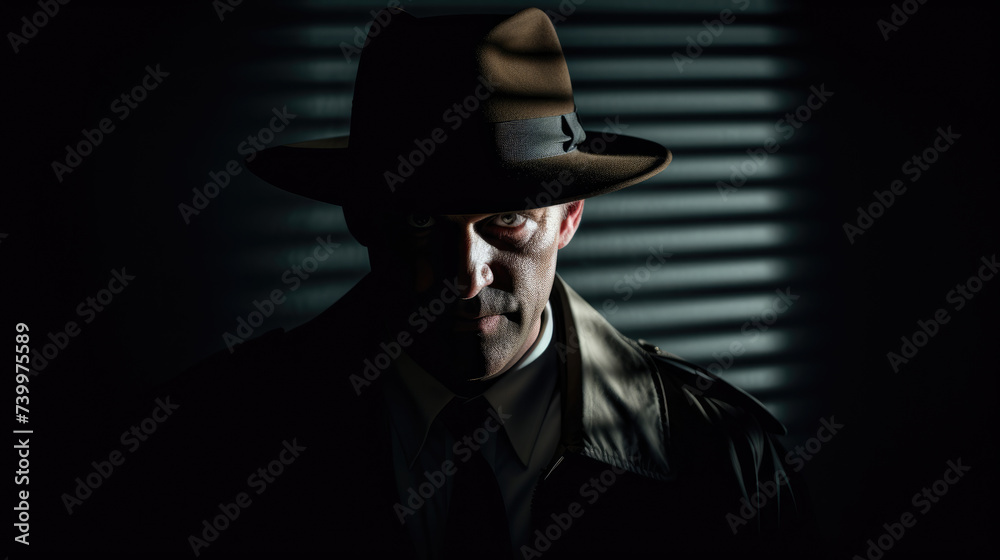 Man in a raincoat with a hat at night. Portrait of a detective in the shadows Man in a raincoat with a hat at night. Portrait of a detective in the shadows