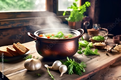 Vegetable soup in a copper pot on the kitchen table. photo