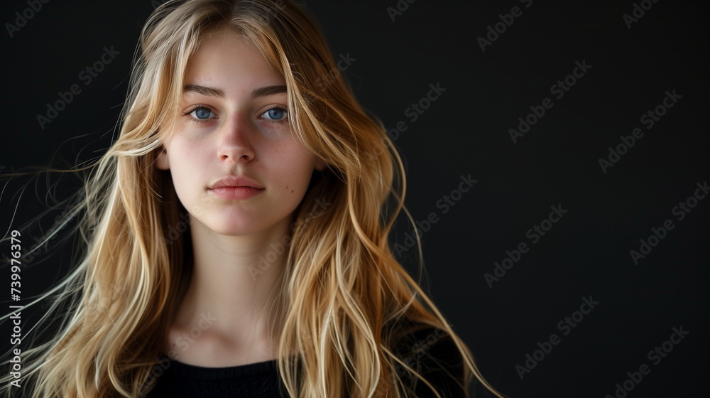 Close-up portrait of beautiful model with long blond hair on black background
