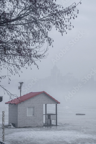 Fog on the city embankment