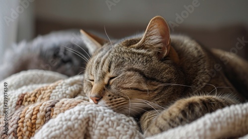 One striped sad cat with green eyes lies at home on soft blanket with frightened eyes and flattened ears. Pet disease.