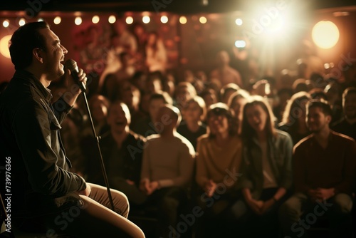 comedy show with comedian and laughing crowd photo