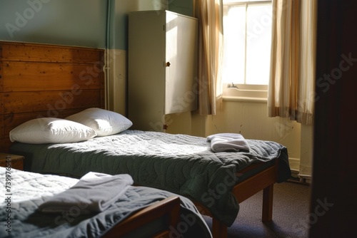 Simple and Clean Hotel Room Interior with Two Single Beds for Comfortable Accommodation