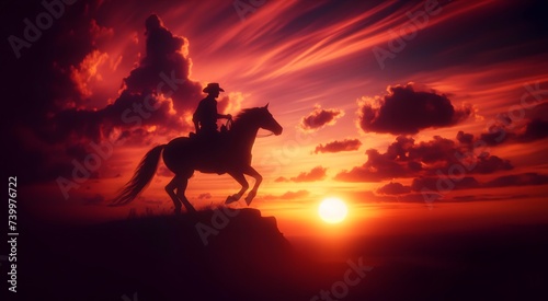 silhouette of a cowboy riding into the sunset, c4d, dreamy and optimistic, vibrant sky hd wallpaper
