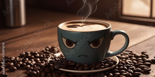A coffee cup with an angry face is placed on a saucer, surrounded by coffee beans