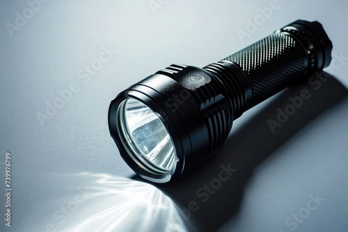 Powerful Beam: Black Aluminum Flashlight Isolated on White Background