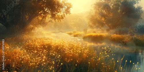 Serene landscape of reed meadow by river at sunset picturesque scene capturing tranquil beauty of nature with golden sunlight reflecting on water perfect for backgrounds depicting environments