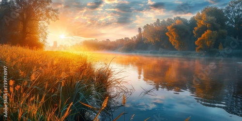 Serene landscape of reed meadow by river at sunset picturesque scene capturing tranquil beauty of nature with golden sunlight reflecting on water perfect for backgrounds depicting environments