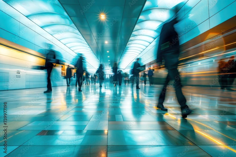 Businessman on move in bustling building corridor, symbolizing dynamic pace of business life capturing essence of professional rush and growth in urban setting ideal for concepts related