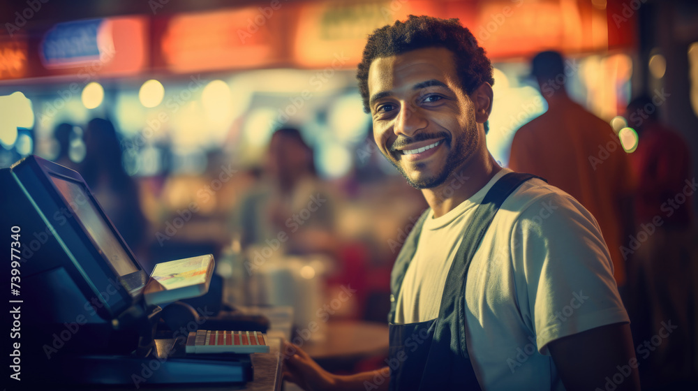 Portrait of cashier on a blurred background Portrait of cashier on a blurred background