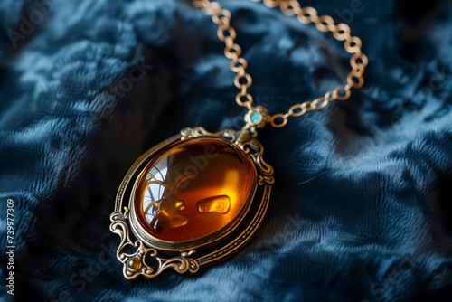 studio shot of a necklace with large amber pendant on velvet photo