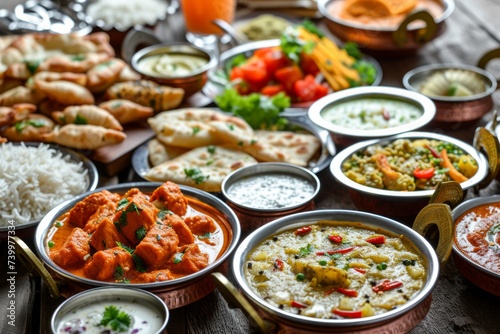 Traditional assortment of Indian dishes on the wooden table, upper view.