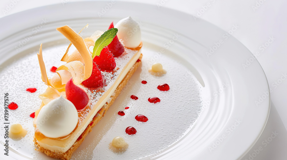 image of an exquisite, modern-style dessert crafted on a white plate. image of an exquisite, modern-style dessert crafted on a white plate.