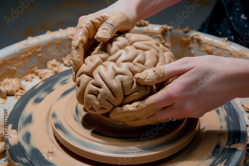 hands sculpting a clay brain on a pottery wheel