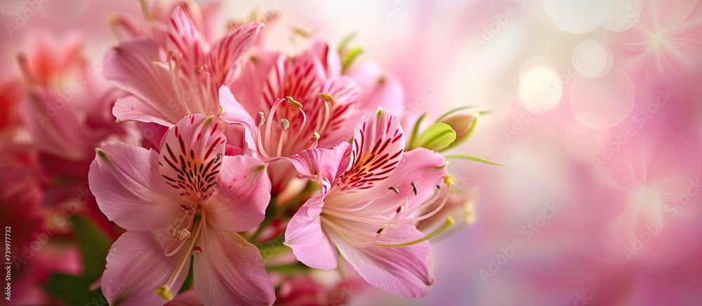 A gorgeous bunch of pink flowers, with delicate pistils and vibrant petals, is beautifully displayed in a vase.