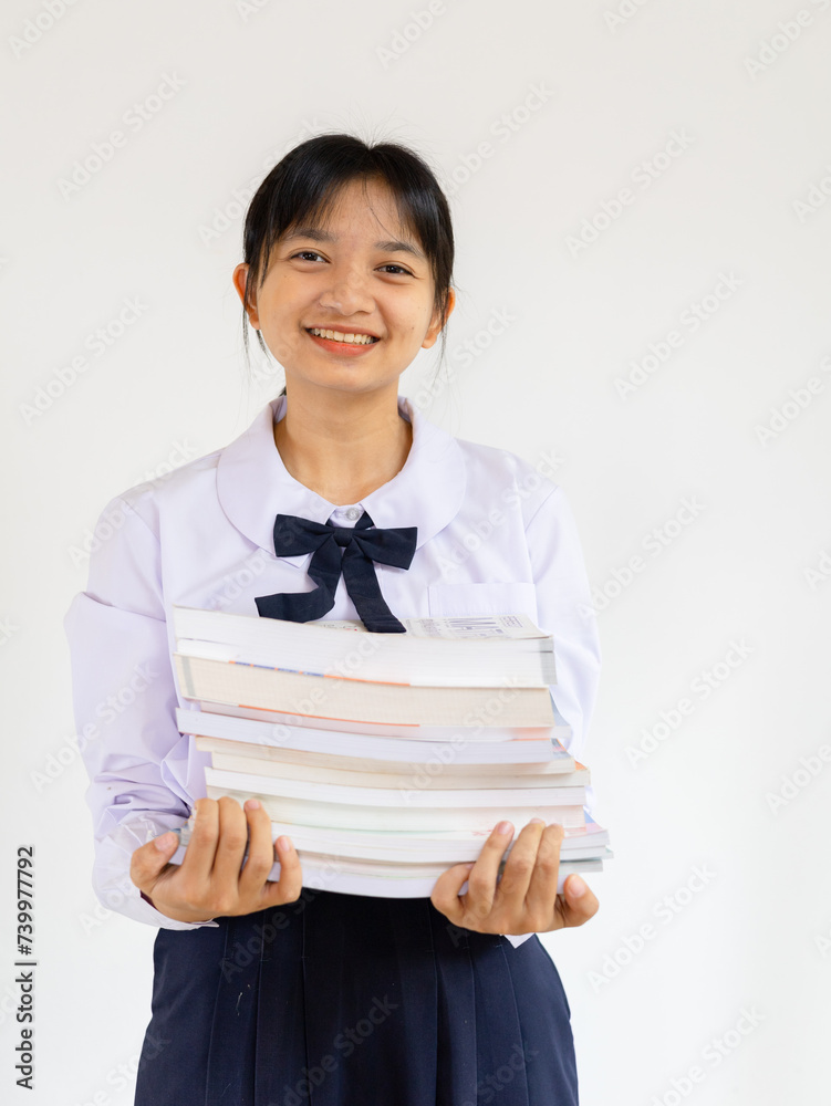 Student young girl carry many book on her arm, White background. Student young girl carry many book on her arm, White background.