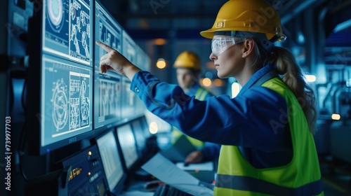 female engineer in a helmet and protective vest interacts with a control panel displaying technical drawings photo