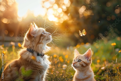 Two curious cats observe a delicate butterfly fluttering among the sun-kissed blades of grass, their feline instincts and gentle whiskers attuned to the beauty of nature photo