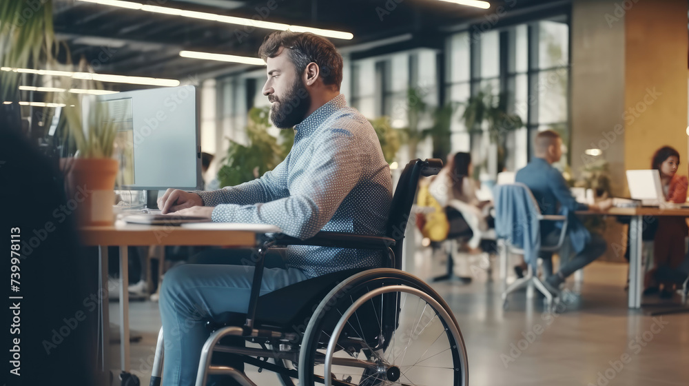 An employee works in a wheelchair in the office