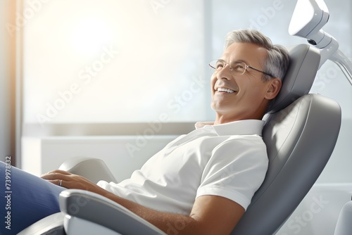 A confident man receives dental care relaxing in an orthodontic chair. Concept Dental Care, Confidence, Orthodontic Chair, Relaxation, Men's Health photo