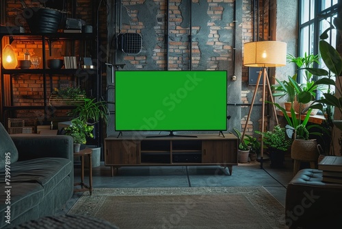 In a cozy living room, a vibrant green houseplant sits atop a modern coffee table as a large entertainment center with a television screen stands against the wall, providing endless indoor entertainm photo