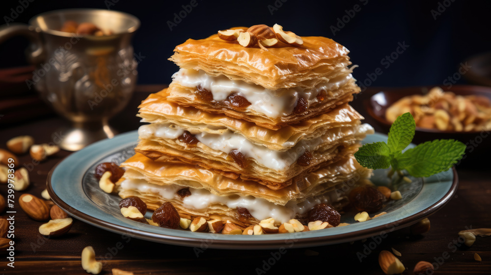Traditional turkish dessert antep baklava. Powdered baklavas with nuts Traditional turkish dessert antep baklava. Powdered baklavas with nuts