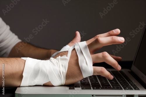 person with bandaged hand typing on a laptop