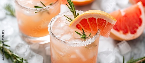This close-up photo showcases a refreshing drink containing grapefruit and rosemary in a clear glass. The vibrant colors and fresh ingredients highlight the cocktails citrusy and herbal flavors. photo