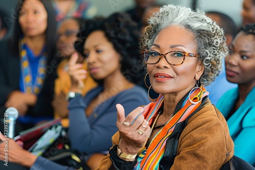 A fashionable woman with a warm smile and stylish glasses accessorized with a cozy scarf, showcasing her vision care and adding a touch of personality to her indoor look photo