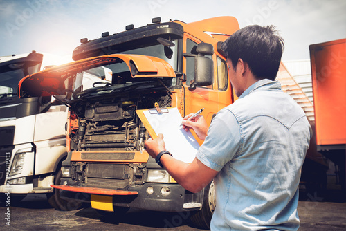 Asian Truck Driver is Checking the Semi Truck's Engine Maintenance Checklist. Lorry Driver. Inspection Truck Safety Driving. Shipping Cargo Freight Truck Transport. photo