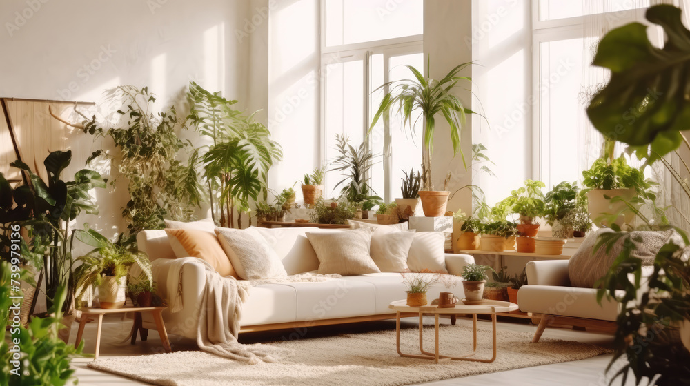 Minimalist living room with indoor plants