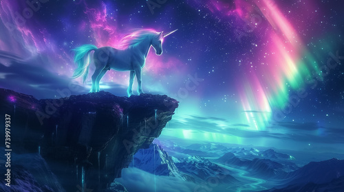 An illuminated colorfully glowing unicorn standing on a cliff overlooking a fantastical high fantasy landscape under a starlit sky auroras dancing above