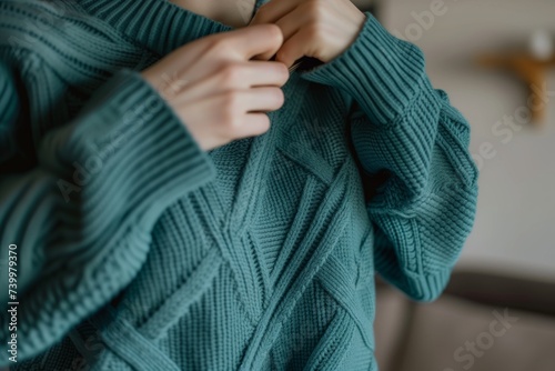 midaction, person pulling on a teal sweater, uncluttered environment