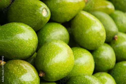 Fresh healthy green avocado on market as background. Agriculture. Food background. Close up.