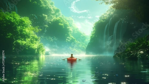 A woman gracefully maneuvers a raft along a scenic river, immersed in the beauty of her surroundings, complemented by a seamlessly looping time-lapse animation video background generated by AI. photo