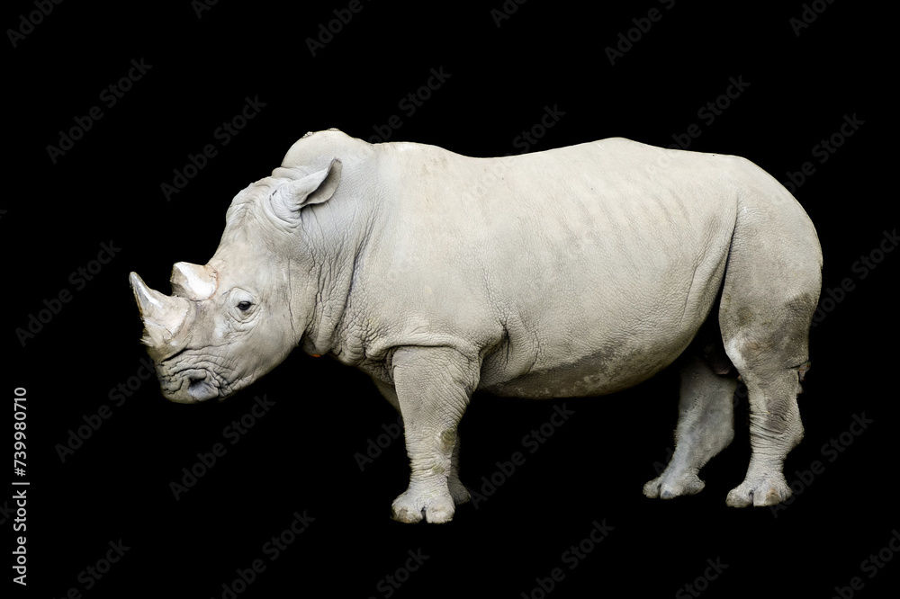 Fototapeta premium Gray rhinoceros against a black background. Animal shot from the side. Rhinocerotidae. 