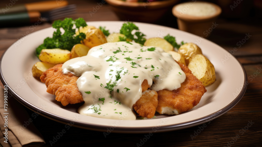 Traditional German pork Schnitzel with cream sauce Traditional German pork Schnitzel with cream sauce