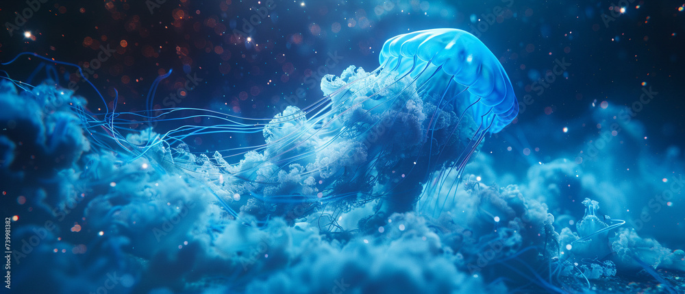 Bioluminescent jellyfish dance neon underwater ballet surreal nature scene