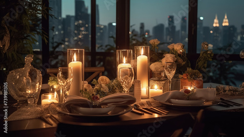 Rooftop terrace with festive table for romantic candlelight dinners